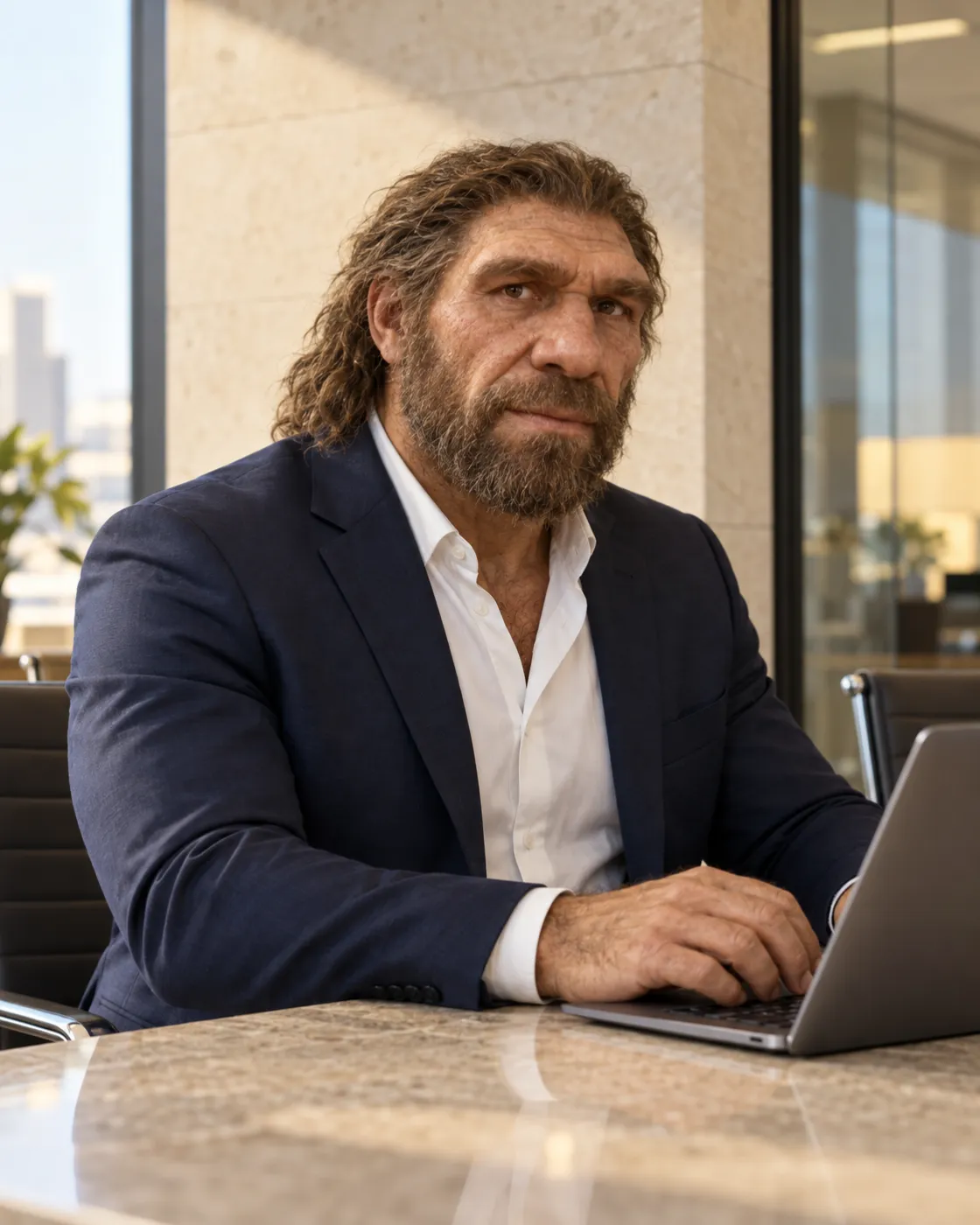 A Neanderthal consultant in a navy suit calmly working at a laptop in a modern office