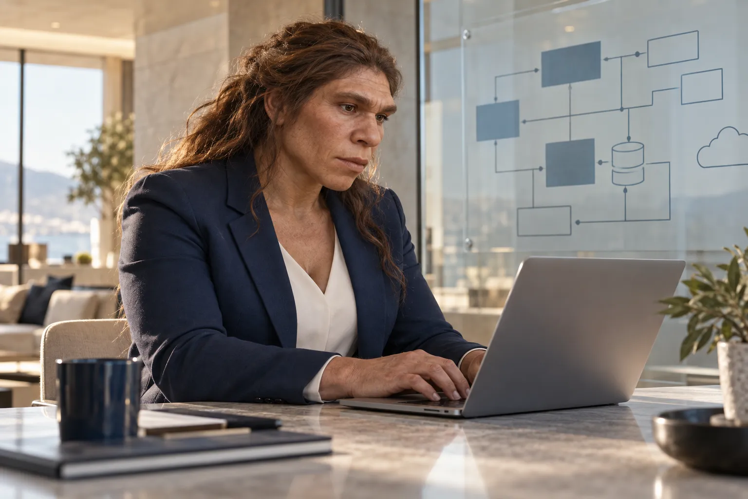 A Neanderthal systems architect reviewing a laptop beside a glass architecture diagram